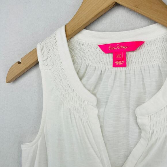 LILLY PULITZER Tank Top 2XS Essie Popover Smocked Palm Beach Slub Cotton White - Picture 8 of 15